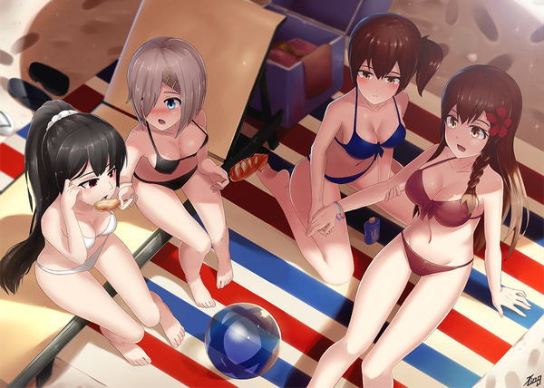 Anime picture 1181x844 with kantai collection hamakaze destroyer kaga aircraft carrier akagi aircraft carrier isokaze destroyer bu li long hair blush fringe short hair open mouth blue eyes light erotic black hair red eyes brown hair sitting bare shoulders multiple girls holding