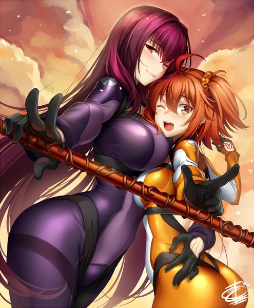Anime picture 825x1000 with fate (series) fate/grand order scathach (fate) (all) scathach (fate) fujimaru ritsuka (female) okitakung long hair tall image looking at viewer blush fringe short hair breasts open mouth light erotic smile hair between eyes red eyes large breasts standing