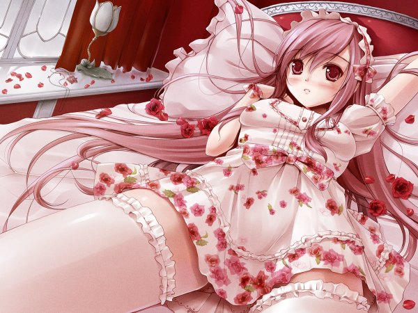 Anime picture 1200x900 with original miyase mahiro long hair light erotic red eyes lying zettai ryouiki floral print lolita fashion goth-loli girl thighhighs dress flower (flowers) petals pillow bed curtains