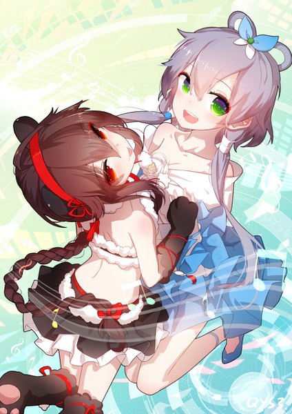 Anime picture 900x1272 with vocaloid vocaloid china luo tianyi yuezheng ling qys3 long hair tall image looking at viewer blush fringe open mouth smile hair between eyes red eyes brown hair twintails bare shoulders multiple girls green eyes animal ears