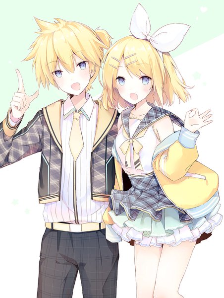 Anime picture 809x1074 with vocaloid kagamine rin kagamine len suzumori uina tall image looking at viewer blush short hair open mouth blue eyes blonde hair simple background white background head tilt off shoulder open jacket twins plaid sailor collar ok sign
