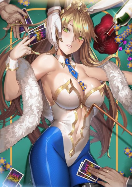 Anime picture 893x1263 with fate (series) fate/grand order artoria pendragon (all) artoria pendragon (swimsuit ruler) (fate) deras long hair tall image looking at viewer blush fringe breasts light erotic blonde hair hair between eyes large breasts green eyes animal ears payot cleavage ahoge