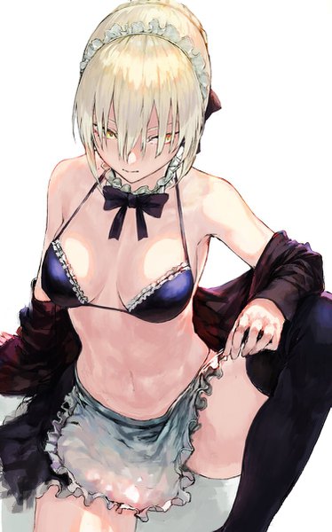 Anime picture 750x1203 with fate (series) fate/grand order artoria pendragon (all) artoria pendragon (alter swimsuit rider) (fate) ryono mizuki single tall image fringe short hair breasts light erotic blonde hair simple background hair between eyes white background sitting yellow eyes looking away from above arm support