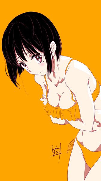 Anime picture 1150x2046 with hibike! euphonium kyoto animation nakaseko kaori nii manabu single tall image looking at viewer blush short hair breasts light erotic black hair simple background red eyes signed mole leaning leaning forward mole under eye breast hold