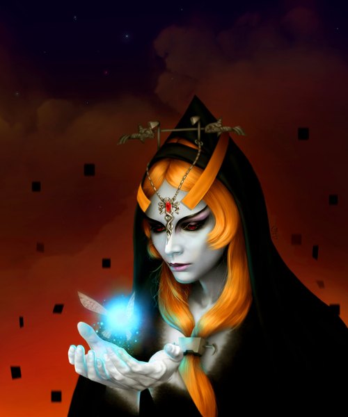 Anime picture 1200x1440 with the legend of zelda the legend of zelda: twilight princess nintendo midna navi midna (true) gothic-icecream single long hair tall image red eyes orange hair realistic glowing eyeshadow makeup fairy grey skin girl hair ornament
