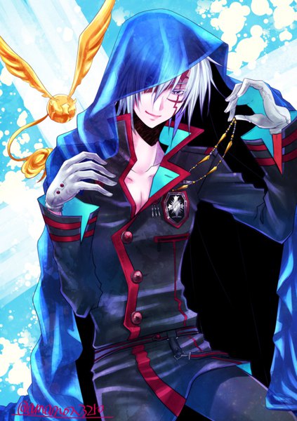 Anime picture 595x842 with d.gray-man allen walker timcanpy ifowl single tall image looking at viewer fringe short hair smile hair between eyes purple eyes holding signed silver hair hair over one eye facial mark scar open collar boy