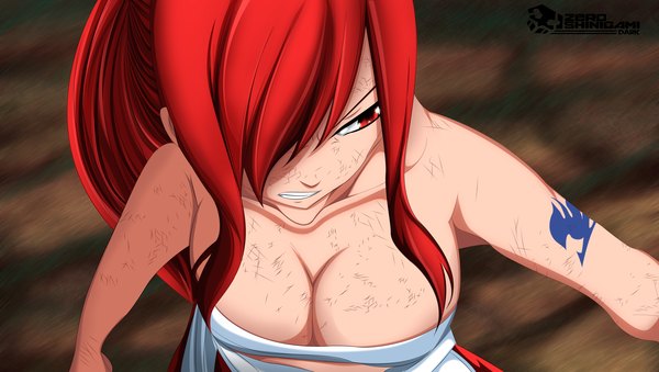 Anime picture 4240x2400 with fairy tail erza scarlet zeroshini single long hair fringe highres breasts light erotic red eyes wide image large breasts absurdres ponytail red hair hair over one eye tattoo grin coloring girl
