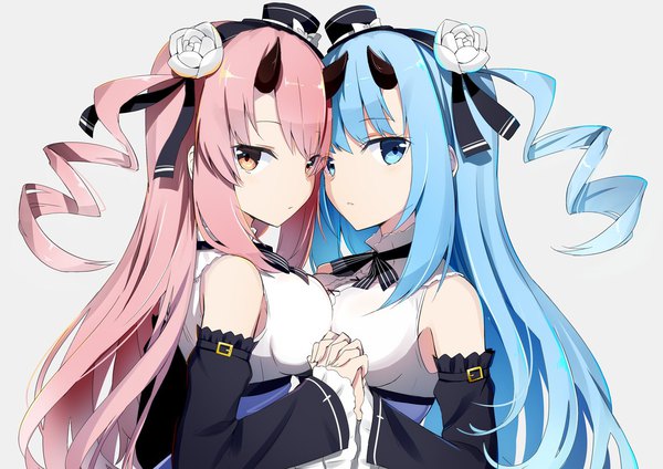 Anime picture 1169x828 with azur lane ikazuchi (azur lane) inazuma (azur lane) ikazuchi (sakura tea) (azur lane) inazuma (vanilla pudding) (azur lane) gotyou long hair looking at viewer fringe blue eyes simple background multiple girls brown eyes payot blue hair pink hair upper body hair flower horn (horns) grey background