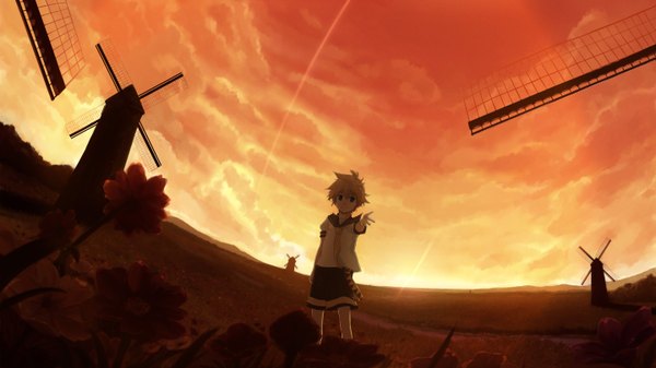 Anime picture 2880x1620 with vocaloid kagamine len hirobaka (artist) single highres short hair blonde hair wide image sky cloud (clouds) outstretched arm evening sunset horizon field boy flower (flowers) necktie shorts sailor suit