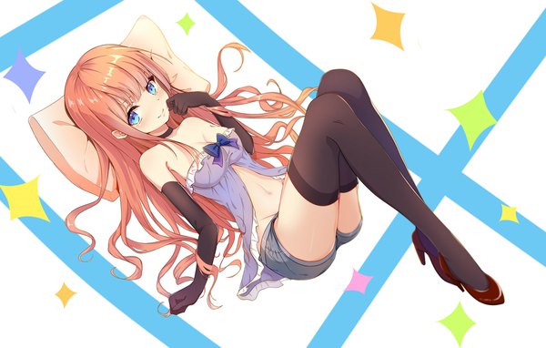 Anime picture 1920x1224 with original guanghe zuoyong de de yezi single long hair looking at viewer blush highres breasts blue eyes light erotic smile cleavage full body lying orange hair on back high heels girl thighhighs gloves