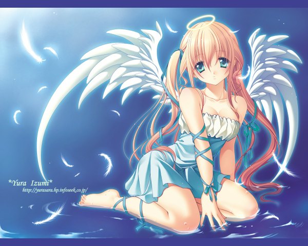 Anime picture 1280x1024 with izumi yura long hair blue eyes blonde hair signed watermark angel ribbon (ribbons) wings water