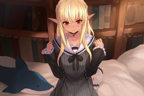 Anime-Bild 1200x800 mit virtual youtuber hololive shiranui flare shiranui flare (street) cait single long hair looking at viewer blush fringe breasts blonde hair smile hair between eyes sitting indoors long sleeves pointy ears open clothes orange eyes