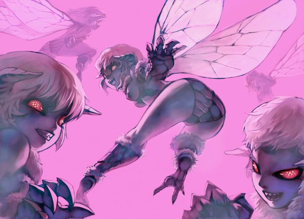Anime picture 2938x2122 with original takeda kanryuusai highres short hair breasts light erotic multiple girls ass looking back horn (horns) teeth grin pink background flying sharp teeth monster girl insect girl girl wings 5 girls