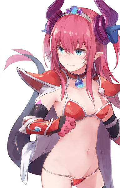 Anime picture 627x980 with fate (series) fate/extra fate/extra ccc elizabeth bathory (fate) (all) elizabeth bathory (brave) (fate) makihitsuji single long hair tall image blush fringe blue eyes light erotic simple background hair between eyes white background looking away pink hair tail horn (horns)
