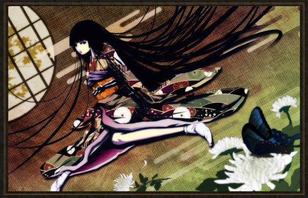 Anime picture 1599x1029 with original mubouou aasaa long hair black hair japanese clothes black eyes girl flower (flowers) kimono insect butterfly