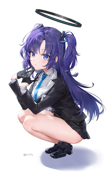 Anime picture 1236x1980 with blue archive yuuka (blue archive) rity single long hair tall image light erotic simple background white background purple eyes signed purple hair full body bare legs two side up twitter username squat girl gloves black gloves