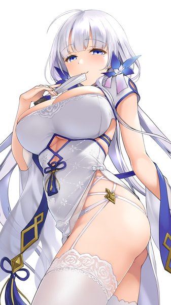 Anime picture 1080x1920 with azur lane illustrious (azur lane) illustrious (maiden lily's radiance) (azur lane) neko ni mieru single long hair tall image looking at viewer blush fringe breasts blue eyes light erotic simple background smile large breasts standing white background twintails holding