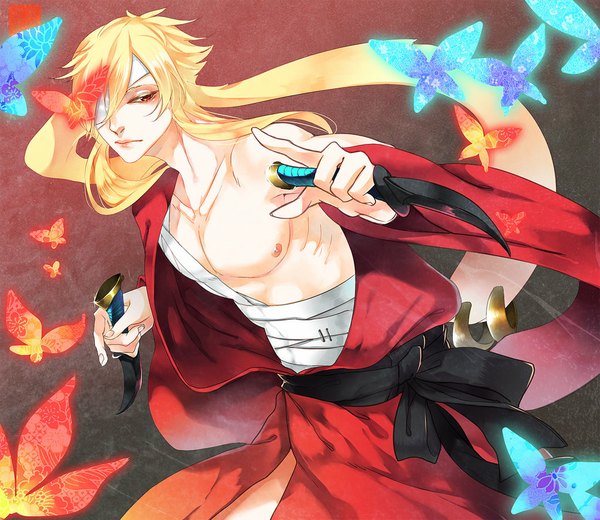 Anime picture 1024x889 with pluehunter single long hair blonde hair red eyes holding nipples traditional clothes japanese clothes dual wielding bandage over one eye boy weapon insect butterfly bandage (bandages) yukata dagger