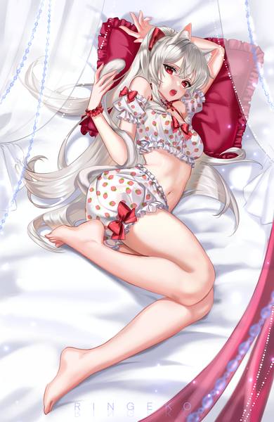 Anime picture 3833x5897 with original ringeko-chan single long hair tall image looking at viewer blush fringe highres breasts open mouth light erotic hair between eyes red eyes signed animal ears payot absurdres silver hair full body