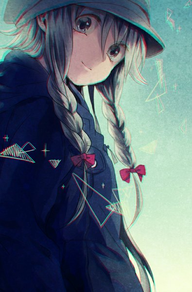 Anime picture 658x1000 with vocaloid ia (vocaloid) yuji kazakiri single long hair tall image looking at viewer braid (braids) light smile grey hair grey eyes twin braids alternate hair color girl bow hair bow hat