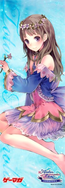 Anime picture 1399x4000 with kishida mel single long hair tall image blush smile brown hair sitting purple eyes bare shoulders barefoot scan blue background girl dress flower (flowers) detached sleeves wreath