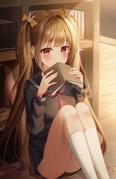 Anime picture 2645x4096 with original bingyam single long hair tall image looking at viewer blush fringe highres light erotic red eyes brown hair sitting twintails holding payot indoors blunt bangs embarrassed covered mouth