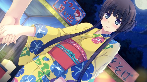 Anime picture 1280x720 with kanojo step kisaragi noe long hair blush blue eyes black hair smile wide image game cg traditional clothes japanese clothes night holding hands girl kimono moon obi