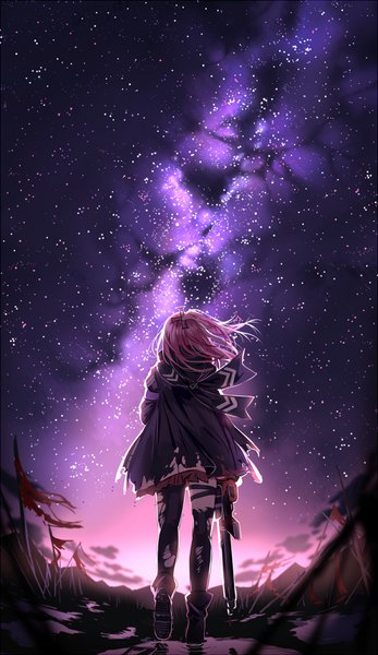 Anime picture 550x949 with girls frontline st ar-15 (girls frontline) silence girl single long hair tall image holding pink hair cloud (clouds) outdoors wind from behind night night sky one side up torn clothes evening sunset walking ripples
