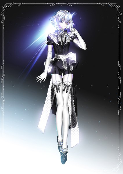 Anime picture 707x1000 with houseki no kuni diamond (houseki no kuni) bloodcat (babacatcat) single tall image looking at viewer fringe short hair hair between eyes signed silver hair full body head tilt alternate costume zettai ryouiki character names gradient background silver eyes androgynous thighhighs