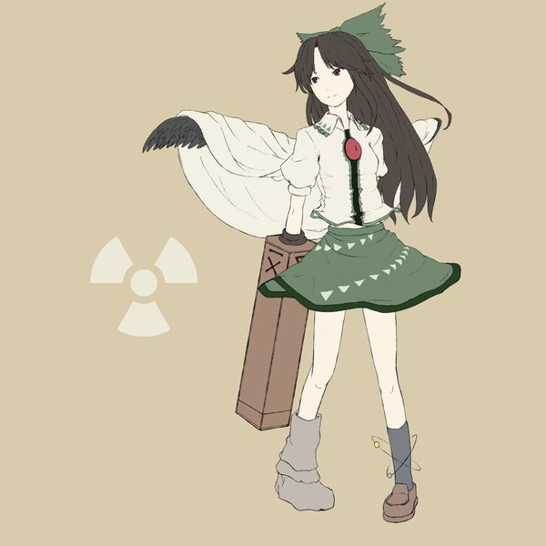 Anime picture 1200x1200 with touhou reiuji utsuho kawashina (momen silicon) single long hair fringe simple background red eyes brown hair standing looking away full body short sleeves puffy sleeves black wings brown background arm cannon girl skirt bow