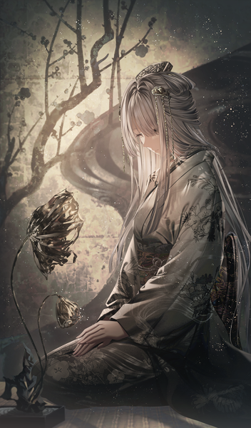 Anime picture 3522x6000 with original junpaku karen single long hair tall image fringe highres sitting looking away absurdres full body traditional clothes japanese clothes grey hair hair over one eye grey eyes floral print seiza girl hair ornament