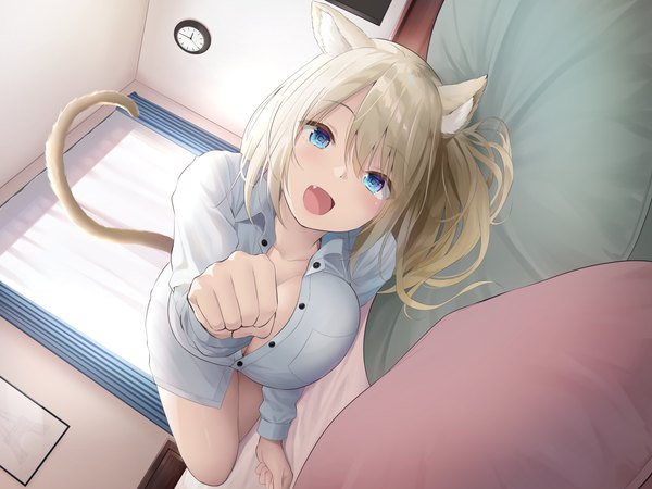 Anime picture 4000x3000 with original oekakizuki single long hair looking at viewer blush fringe highres breasts open mouth blue eyes light erotic blonde hair smile hair between eyes large breasts animal ears payot absurdres cleavage
