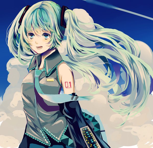 Anime picture 900x870 with vocaloid hatsune miku suono single long hair fringe open mouth blue eyes hair between eyes twintails bare shoulders looking away sky cloud (clouds) wind aqua hair condensation trail girl detached sleeves necktie