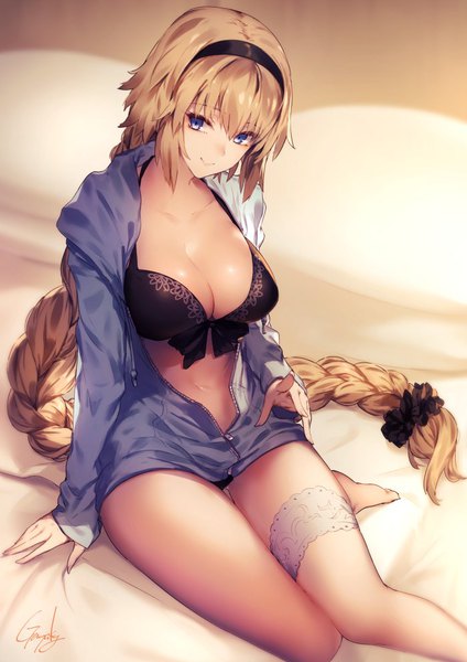 Anime picture 700x990 with fate (series) fate/grand order jeanne d'arc (fate) (all) jeanne d'arc (swimsuit archer) kyouya (mukuro238) single tall image looking at viewer fringe breasts light erotic blonde hair smile hair between eyes large breasts sitting signed braid (braids) very long hair arm support
