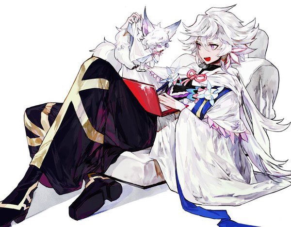 Anime picture 950x741 with fate (series) fate/grand order fou (fate) merlin (fate) mo (mocopo) single long hair fringe open mouth simple background hair between eyes white background purple eyes holding looking away white hair reclining boy creature laptop