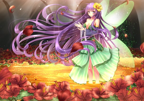 Anime picture 2600x1838 with original toshi (1-147) single long hair looking at viewer highres purple eyes purple hair hair flower insect wings butterfly wings girl dress hair ornament flower (flowers) detached sleeves