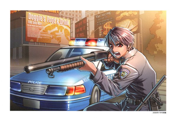 Anime picture 3283x2204 with hiroe rei single highres short hair open mouth black hair red eyes absurdres scan border police boy uniform weapon gun ground vehicle car police uniform shotgun police car