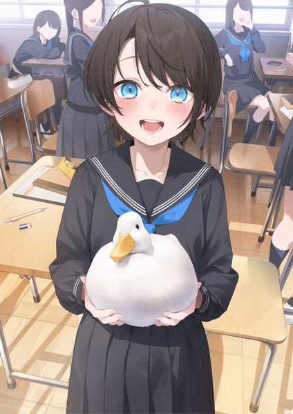 Anime picture 990x1400 with virtual youtuber hololive oozora subaru gawain (artist) tall image looking at viewer blush fringe short hair open mouth blue eyes brown hair standing multiple girls holding upper body indoors long sleeves :d pleated skirt