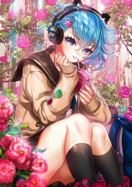 Anime picture 800x1131 with original moe2019 coga single tall image looking at viewer blush fringe short hair blue eyes hair between eyes sitting holding blue hair bent knee (knees) outdoors head tilt fingernails light smile blurry