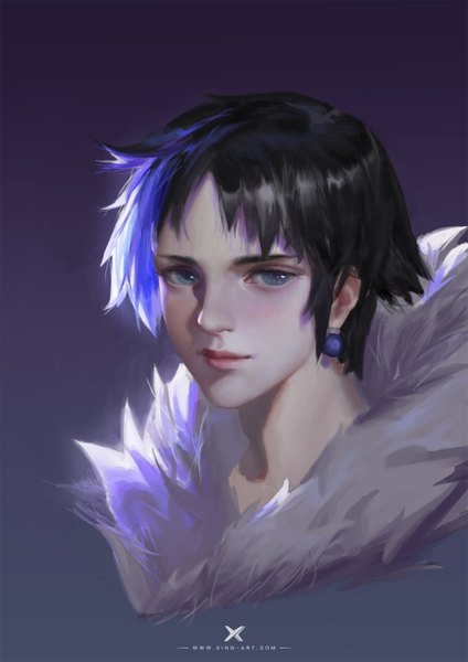 Anime picture 1920x2716 with hunter x hunter chrollo lucilfer starlab single tall image looking at viewer highres short hair blue eyes black hair simple background realistic fur trim portrait purple background boy earrings fur