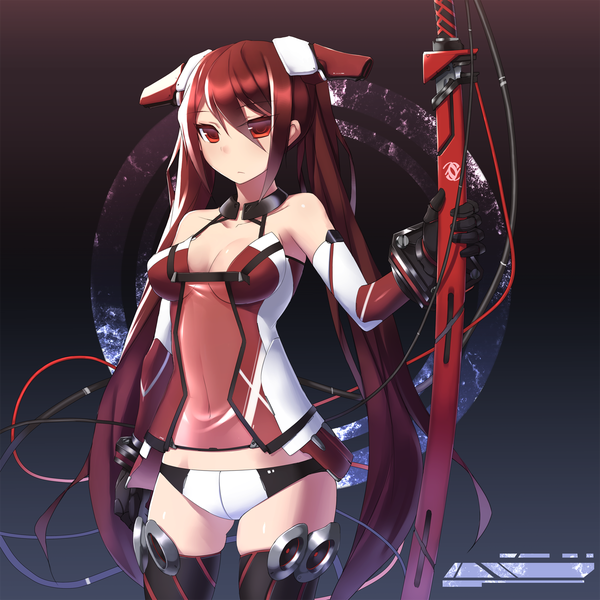 Anime picture 1600x1600 with original zenn (artist) single long hair looking at viewer fringe hair between eyes red eyes twintails bare shoulders red hair skindentation sheathed girl gloves underwear panties sword elbow gloves sheath
