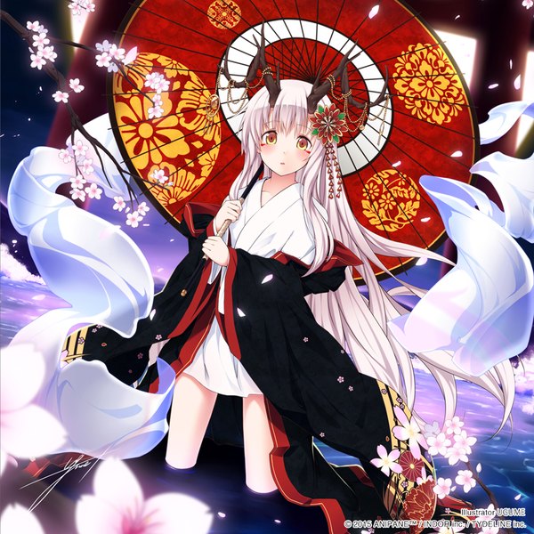 Anime picture 1000x1000 with original ugume single blush yellow eyes white hair very long hair traditional clothes parted lips japanese clothes hair flower horn (horns) night night sky cherry blossoms girl hair ornament flower (flowers) plant (plants) tree (trees)