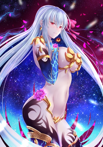 Anime picture 2480x3507 with fate (series) fate/grand order kama (fate) penguintake single long hair tall image looking at viewer blush fringe highres breasts light erotic hair between eyes red eyes large breasts standing payot silver hair sparkle