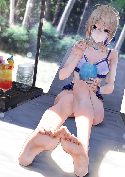 Anime picture 1157x1637 with fate (series) fate/grand order artoria pendragon (all) artoria pendragon (alter swimsuit rider) (fate) mugetsu2501 single tall image fringe short hair breasts light erotic blonde hair hair between eyes sitting holding green eyes looking away full body ahoge outdoors