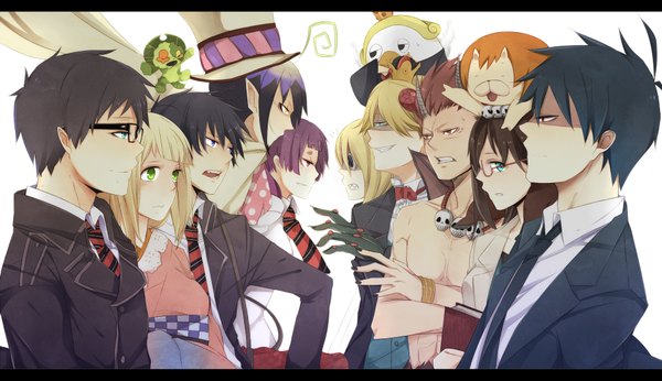 Anime picture 1894x1095 with ao no exorcist yondemasu yo, azazel-san a-1 pictures production i.g okumura rin okumura yukio moriyama shiemi kamiki izumo mephisto pheles beelzebub (yondemasu yo, azazel-san) akutabe sakuma rinko azazel undine (yondemasu yo, azazel-san) yuube (kari) highres short hair black hair blonde hair red eyes