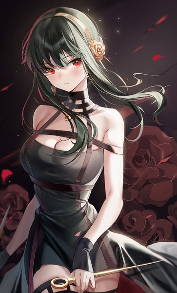 Anime picture 1000x1652 with spy x family yor briar emyo single long hair tall image looking at viewer blush fringe breasts black hair hair between eyes red eyes large breasts standing holding indoors head tilt wind girl