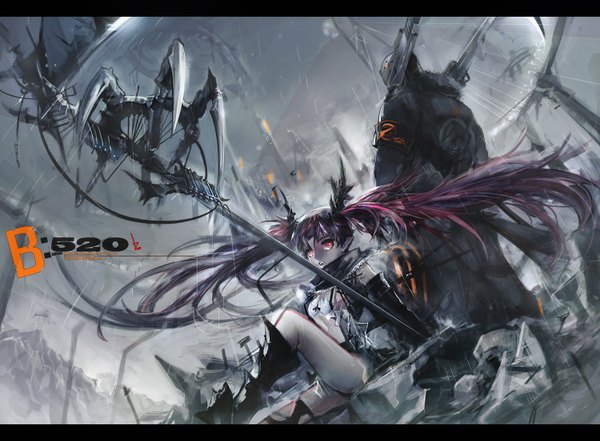Anime picture 1500x1104 with original zis (artist) long hair red eyes standing sitting twintails pink hair multicolored hair inscription rain destruction post-apocalyptic girl boy hair ornament weapon boots staff