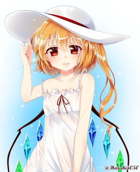 Anime picture 1218x1500 with touhou flandre scarlet haruki (colorful macaron) single long hair tall image looking at viewer blush fringe light erotic blonde hair hair between eyes red eyes bare shoulders signed upper body parted lips arm up sparkle wet