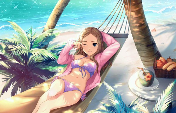 Anime picture 1280x824 with idolmaster idolmaster cinderella girls matsuyama kumiko single long hair blush breasts light erotic smile brown hair large breasts bare shoulders bent knee (knees) lying one eye closed lips sunlight shadow thighs lens flare