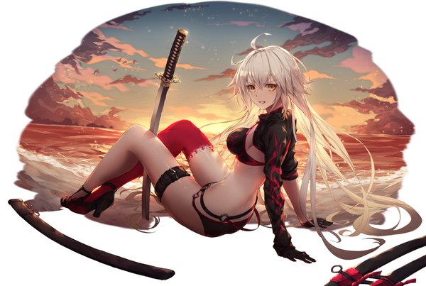 Anime picture 3616x2433 with fate (series) fate/grand order jeanne d'arc (fate) (all) jeanne d'arc alter (fate) jeanne d'arc alter (swimsuit berserker) (fate) godoju single long hair looking at viewer blush fringe highres breasts light erotic simple background hair between eyes white background sitting yellow eyes absurdres